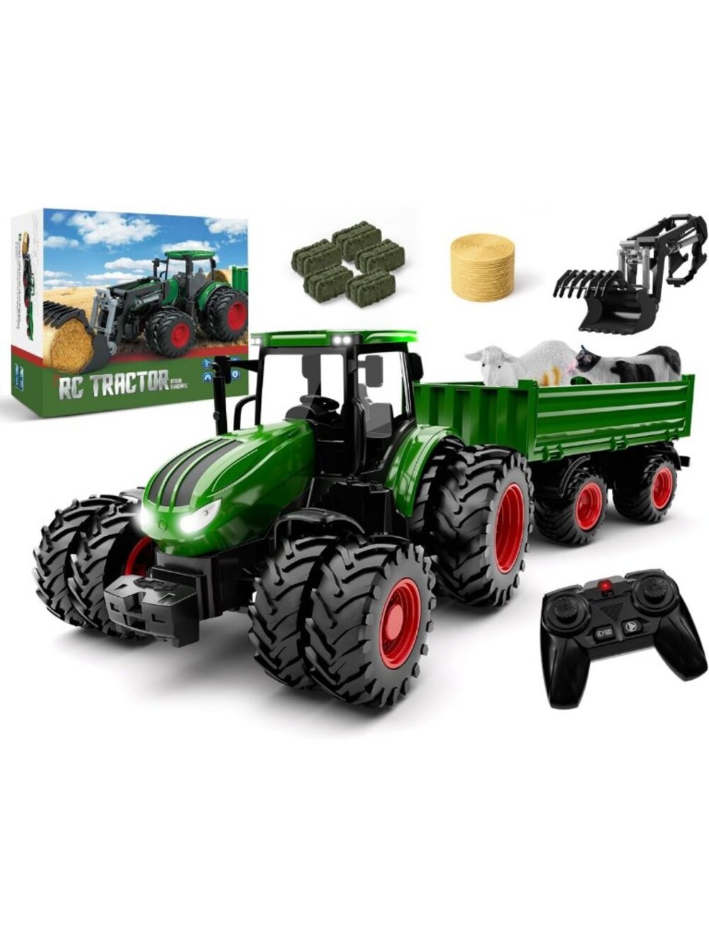 Remote Control Tractor Toy with Trailer | Metal Loader, Lights, 8-Wheel Design